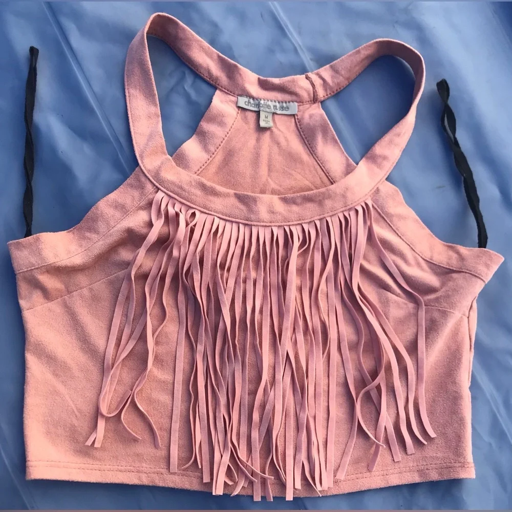 NWOT Charlotte Russe Pastel Pink Faux Suede Tasseled Front Crop Top - M - Picture 3 of 7